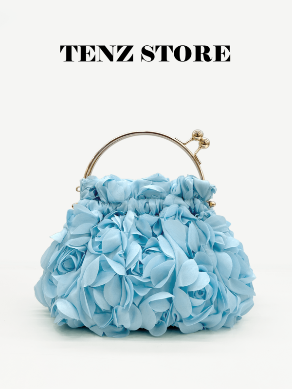 3D Sky Blue Rose Flower Evening Bag, Fashion Chiffon Petal Handbag With Detachable Chain Strap, Fits Phone And Essentials, Suitable For Wedding, Date, Prom, Holiday, Girls' Night Out, Graduation Party, Spring Gala, Cocktail Party