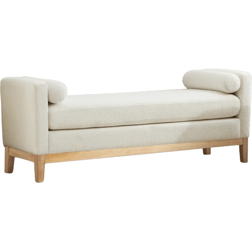 Elegant Upholstered Bench With Wooden Legs And 2 Cushions, Divan And Footrest For Bedside Table, Bedroom, Living Room, Hall, Ivory Color.