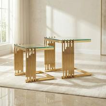 2-Piece Modern Square End Table Set For Living Room: Small Gold Side Table With Clear Tempered Glass Desk And Gold Stainless Steel Legs For Bedroom, Sofa, Balcony - 金色 - 查看 9