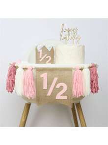 Bandera de silla alta y gorro de cumpleaños de medio año en rosa/azul, bandera decorativa para fiesta de cumpleaños de bebé, adornos colgantes para silla alta con cuentas de madera y borlas - Multicolor - Ver 3
