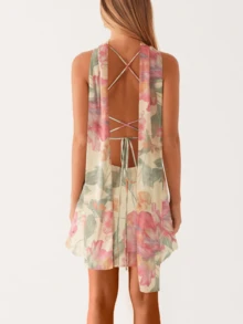Women Mini Dress Floral Print/Solid Color Sleeveless Cami Dress Summer Backless Dress With Choker Scarf - 米色 - 查看 8