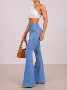 Beige Flare Pants, Bell Bottom, Nude Flare Pants With Lycra, High Waist, Women's, Butt-Lifting, Comfortable, Versatile, Casual, Elegant, Country Style - 克拉拉 - 查看 2