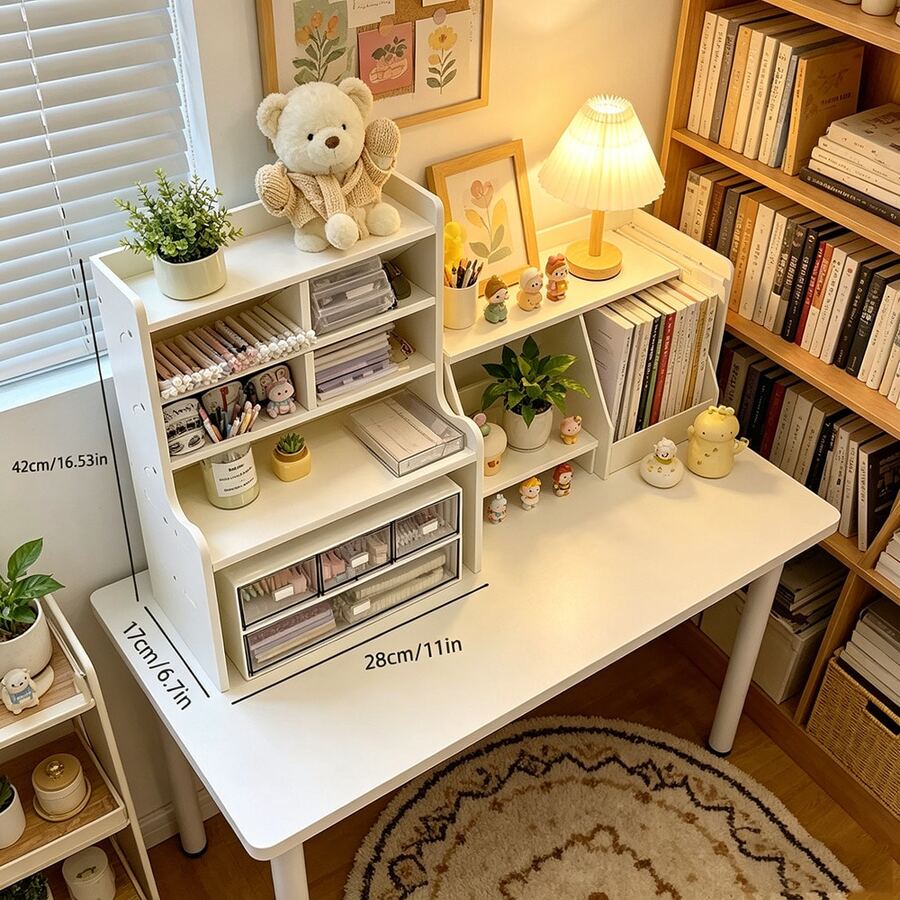 1pc Clean White Multi-Tier Desktop Storage Shelf, Upgraded Thickened Durable Plastic Rectangular Organizer, Multi-Compartment Desk Storage Solution For Cosmetics, Stationery And Books, Perfect For Home Workspaces, Offices & Student Dorms - White Small Size - View 1