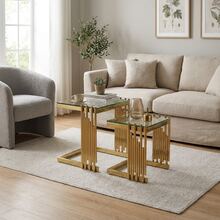 2-Piece Modern Square End Table Set For Living Room: Small Gold Side Table With Clear Tempered Glass Desk And Gold Stainless Steel Legs For Bedroom, Sofa, Balcony - 金色 - 查看 7