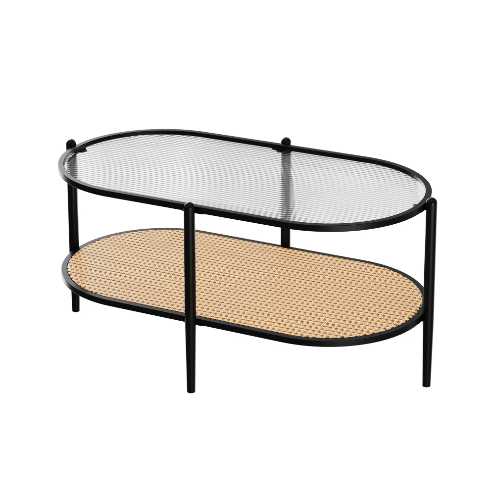 2-Tier Rattan Coffee Table,Modern Farmhouse Oval Rattan Coffee Table , Tempered Glass Top, Rattan Storage Shelf, - Star - View 1