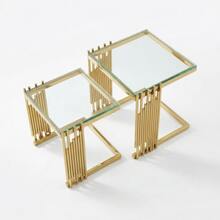 2-Piece Modern Square End Table Set For Living Room: Small Gold Side Table With Clear Tempered Glass Desk And Gold Stainless Steel Legs For Bedroom, Sofa, Balcony - 金色 - 查看 12