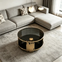 Modern Black Glass Coffee Table, Luxury Living Room Tables With Double Glass Top, Round Coffee Table With Gold Steel Base, Sofa Table With Glass Round Top, Center Table For Living Room / Home / Office - Black - View 4