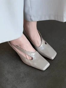 女士方头套脚高跟鞋，简约百搭办公鞋 - 杏色 - 查看 3