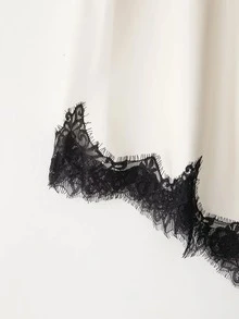 缎面蕾丝拼接吊带连衣裙，撞色设计，白色优雅夏季款 - 白色 - 查看 6