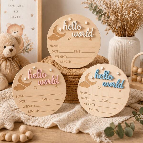 Neugeborenen Namensankündigungstafel, Baby Ankündigungstafel, Hello World Neugeborenen Ankündigungstafel, Holz Geburtsname Plakette, Krankenhaus Kinderzimmer Fotorequisite zum Willkommen des Neugeborenen