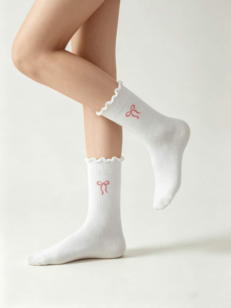 1/5 Pairs Cute Cartoon Pattern Frilled Trim Mid-Calf Socks, Versatile For Spring And Summer - Multicolor - View 1