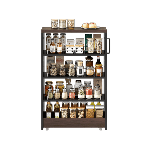 Narrow Storage Trolley, Narrow Wardrobe Trolley With Wheels, 20cm Narrow Kitchen Cabinet With 4 Adjustable Shelves, Black With Brown Wood Look, 55x20x85cm, For Kitchen And Bathroom.
