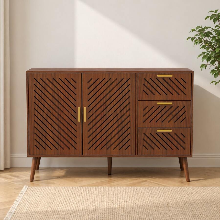 SURUIHK Storage Cabinet With 3 Drawers & Double Doors Wood Buffet Sideboard Cabinet Multi Use Storage Organizer For Kitchen Dining Room Living Room Natural Wood Style - 棕 - 查看 1