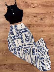 Women's Summer Casual Vacation Style Fitted Cropped Camisole And Tropical Print Patchwork Mini Skirt Set Black - Black - View 1