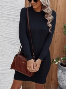 Women's Thick Wool Knit Shirt Dress, New Arrival, Long Sleeve, Round Neck, Winter/Autumn, Printed - 黑色 - 查看 3