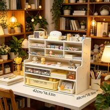 Upgraded Thickened Multi-Tier Desktop Shelf 1 Piece, Durable Plastic Rectangular Desk Organizer With Multi-Compartment Design, All-Purpose Storage For Cosmetics, Books & Stationery, Clean White Tabletop Storage For Home, Office & Dormitory - 白色大號 - 查看 5