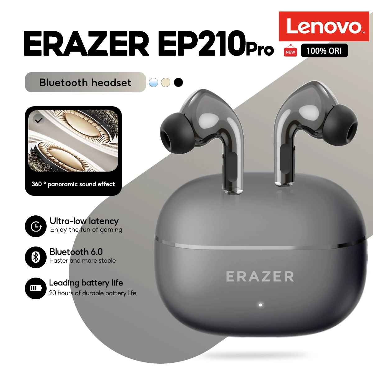 联想 ERAZER EP210Pro 无线蓝牙入耳式耳机，带麦克风，蓝牙 6.0，高保真音质 - 均碼 - 查看 1