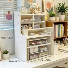 1pc Clean White Multi-Tier Desktop Storage Shelf, Upgraded Thickened Durable Plastic Rectangular Organizer, Multi-Compartment Desk Storage Solution For Cosmetics, Stationery And Books, Perfect For Home Workspaces, Offices & Student Dorms - White Small Size - View 11