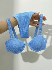 Swmmer Liket Women's Floral Textured Underwire Bikini Pleated Strap Swimwear Bikini Set, For Summer Beach Vacation - Blue - View 6