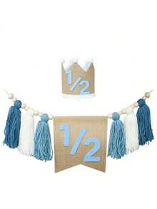 Bandera de silla alta y gorro de cumpleaños de medio año en rosa/azul, bandera decorativa para fiesta de cumpleaños de bebé, adornos colgantes para silla alta con cuentas de madera y borlas - Multicolor - Ver 13