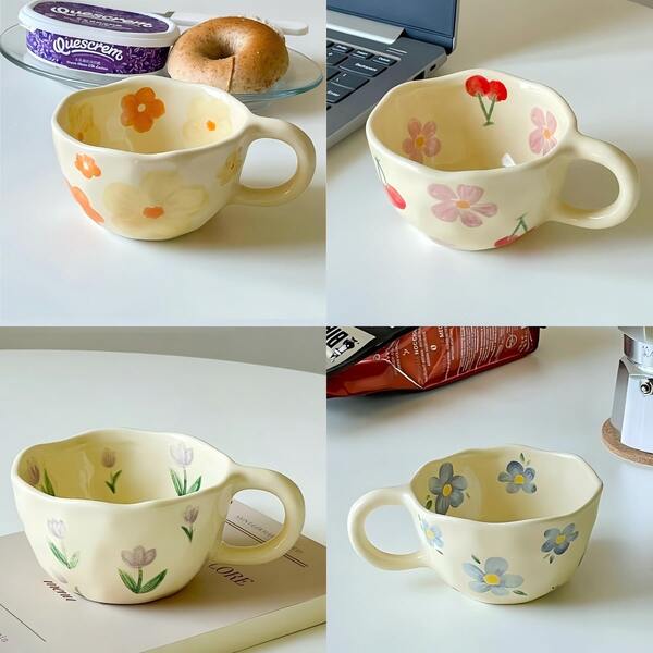 Caneca de cerâmica assimétrica pintada à mão (1 unidade), estilo retrô, amarela, ideal para leite, café, aveia, salada de frutas, outras bebidas. Conjunto criativo com formato assimétrico, perfeito para uso doméstico ou como caneca para casais. Ideal para casa e presentes, perfeito para o Natal e o Halloween.