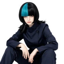 黑蓝双色短款层次感波波头假发，带刘海，动漫角色扮演服装，合成纤维，女士朋克风 - 拼色 - 查看 2