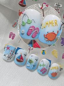 Adesivo de unhas em relevo 3D com elementos temáticos de praia tropical - maiô, âncora, palmeira, sol, veleiro, coquetel, chinelos e a frase "VERÃO/Noites de Verão". Cores vibrantes e alegres com efeito glitter, perfeitas para férias na praia, festas de verão, looks tropicais, unhas decoradas para meninas, estudantes, mães, iniciantes em nail art e amantes do verão. - Multicolorido - Ver 6