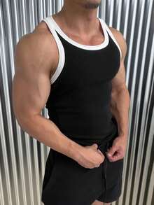 Áo tank top nam thời trang thường ngày, ôm sát, co giãn, phối màu tương phản - màu đen - Xem 5