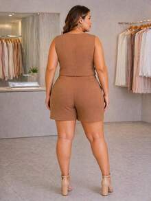 Tailored Suit, Charlotte Plus Size, Shorts + Vest - Chocolate Brown - View 3