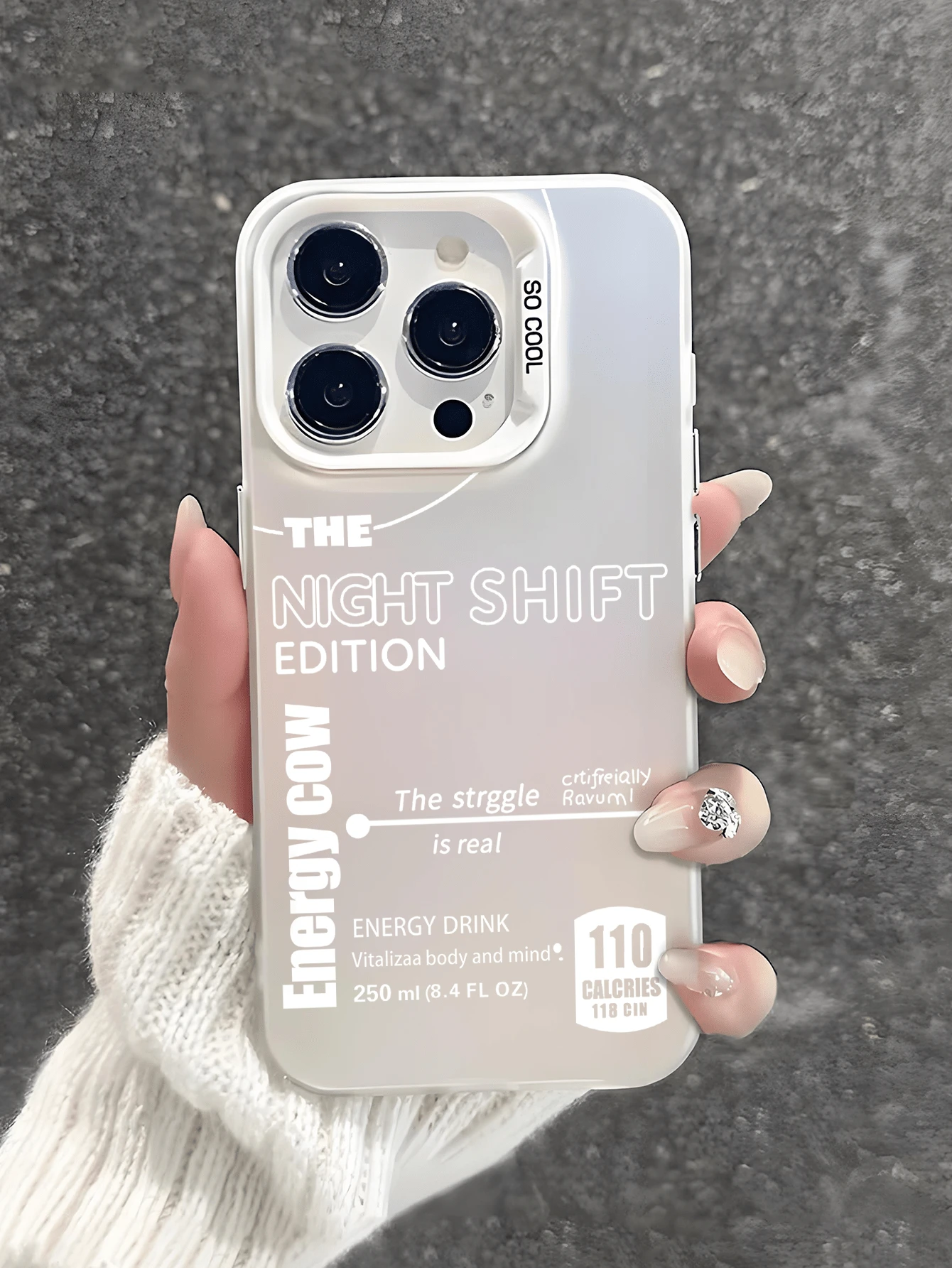 1pc Compatible With IPhone 17/16 Pro Max/15 Plus/14 Pro/13/12/11, Series, Matte Mirror Finish, Phone Protective Case, Ins Overtime Style, Night Shift Energy Drink Print, Full-Body Drop Protection, Precise Cutouts - White - View 1