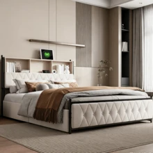 Superaly Upholstered Bed 180 X 200 Cm, Modern Double Bed With Storage, 4 Large Drawers, Headboard, Slatted Frame, Storage Bed Frame, Youth Bed, Velvet, Beige - 米色 - 查看 4
