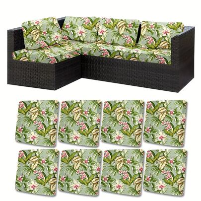1 pieza/2 piezas/6 piezas/8 piezas Funda de cojín para sofá de exterior con estampado floral y de hojas, funda lavable para cojín de asiento de patio con elástico, apta para sofá de jardín, parque, interior y exterior, sofá seccional y sillón