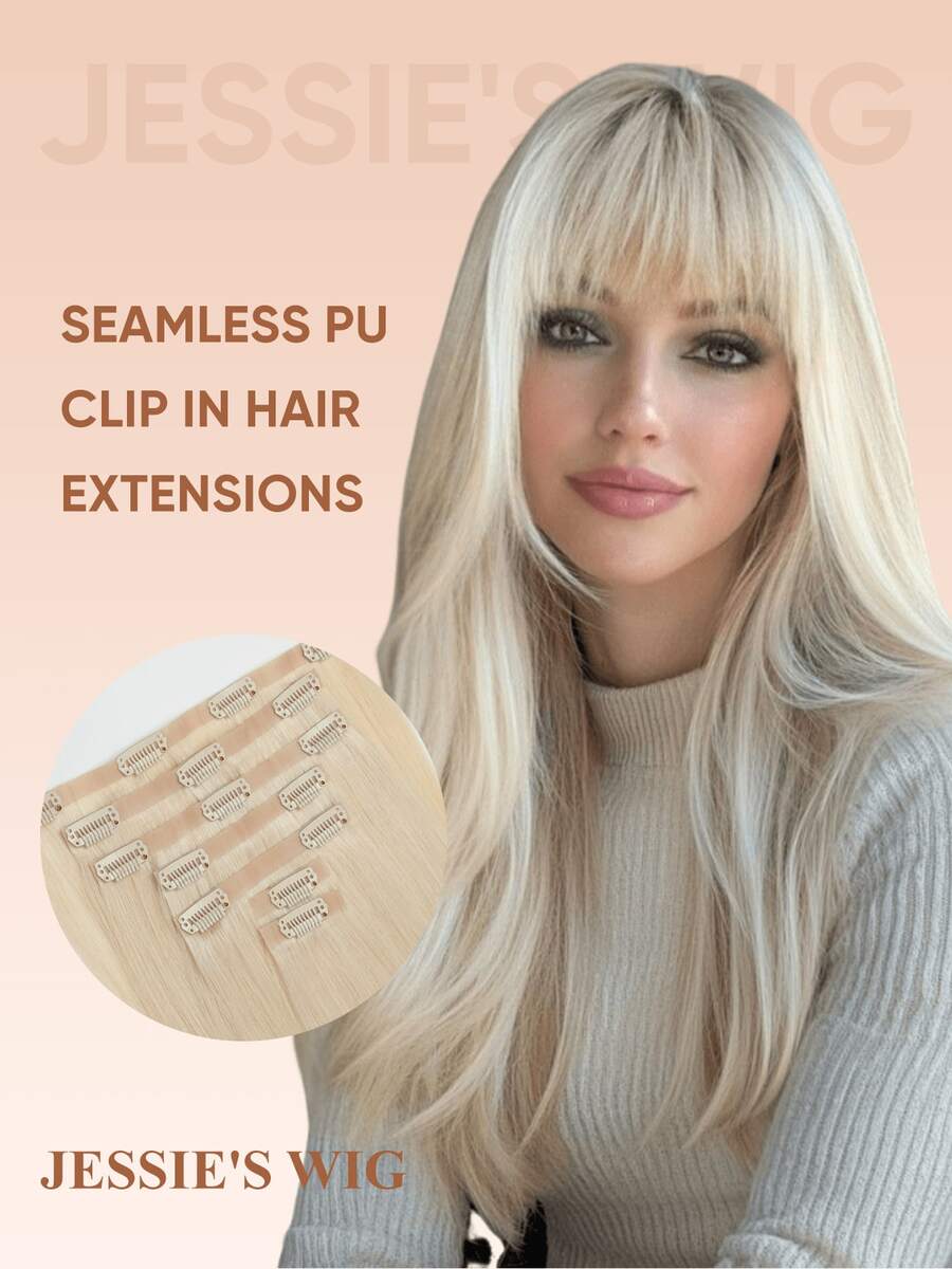 jessie's wig 杰西假发7件套，含16个夹子，直发夹式接发，真人发，天然原生发，双层缝制，适合女性日常佩戴，易于佩戴，铂金色60# - S60 - 查看 1