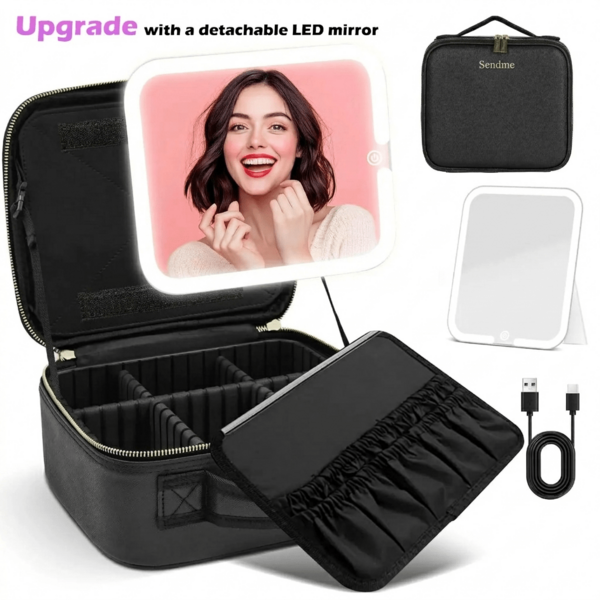 Women Travel Makeup Bag With LED Mirror, Cosmetic Train Case With Light Up Mirror, Portable Makeup Artist Organizer Bag With Adjustable Dividers, Makeup Brush Holder Storage, Designer Bags, Basics, Black