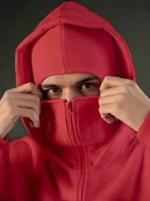 Balaklava, A Must-Have Item For Social Anxiety Sufferers. A Face-Covering Style, Loose Large-Sized And Long Double-Layered Hooded Zipper-Style Pullover Hoodie And Hooded Sweater. Suitable For Men's Autumn/Winter Clothing, Halloween Costumes, Christmas Costumes, Men's Outerwear, Fashionable Style, Men's Hooded Sweater. - 紅色 - 查看 4