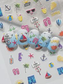 Adesivo de unhas em relevo 3D com elementos temáticos de praia tropical - maiô, âncora, palmeira, sol, veleiro, coquetel, chinelos e a frase "VERÃO/Noites de Verão". Cores vibrantes e alegres com efeito glitter, perfeitas para férias na praia, festas de verão, looks tropicais, unhas decoradas para meninas, estudantes, mães, iniciantes em nail art e amantes do verão. - Multicolorido - Ver 8