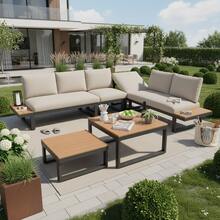 Garden Furniture Set, Corner Configuration, With Adjustable Tilt Function (5 Positions, Up To 55°), Galvanized Steel Tubing, Plastic Wood Tabletop, With Two Coffee Tables - Camel - View 3