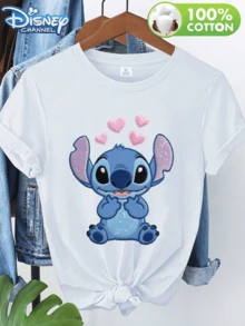 [Disney Official Authorization] Disney Lilo & Stitch Co-Branded Stitch Chin-Resting Design, Sweet And Cute Heart Print Women's Round Neck T-Shirt, Suitable For Spring, Summer And Autumn Wear, Both As Outerwear And Layering. New Versatile Casual Soft And Comfortable T-Shirt , Comfortable, And Durable Pure Cotton, This Is An Ideal Choice For Spring And Summer. This Crew Neck T-Shirt Is Suitable For Various Occasions, Including Everyday Wear, Shopping, Parties, Travel, And Gatherings, And Also Makes A Thoughtful Gift. - White - View 1