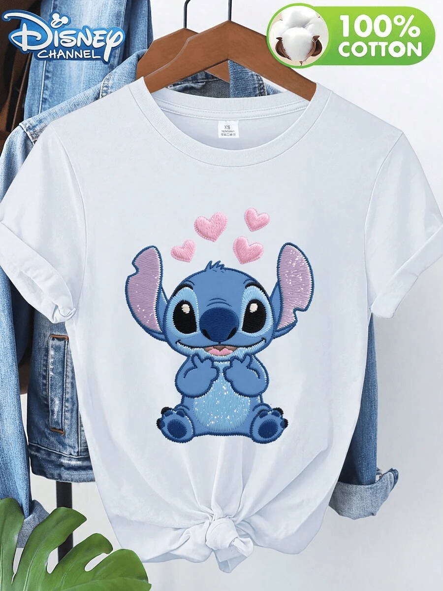 [Disney Official Authorization] Disney Lilo & Stitch Co-Branded Stitch Chin-Resting Design, Sweet And Cute Heart Print Women's Round Neck T-Shirt, Suitable For Spring, Summer And Autumn Wear, Both As Outerwear And Layering. New Versatile Casual Soft And Comfortable T-Shirt , Comfortable, And Durable Pure Cotton, This Is An Ideal Choice For Spring And Summer. This Crew Neck T-Shirt Is Suitable For Various Occasions, Including Everyday Wear, Shopping, Parties, Travel, And Gatherings, And Also Makes A Thoughtful Gift. - White - View 1