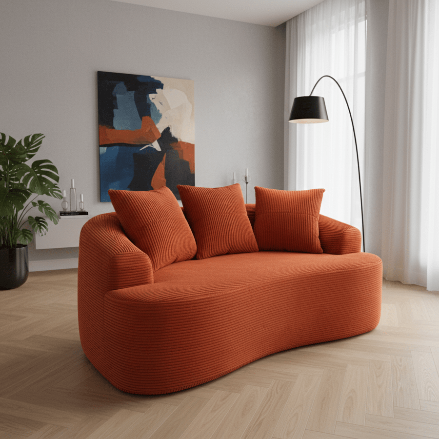 Sofá de 165,8 cm de largo con cojines de resorte de bolsillo para asiento suave en espacios pequeños, con 3 cojines decorativos, sin necesidad de montaje, color rojo naranja