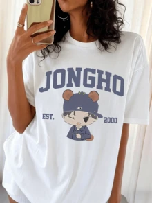ATEEZS Jongho EST 2000 Varsity Chibi Casual Loose Fit T-Shirt - White - View 6