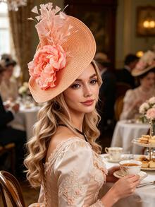 Women's Fascinators Hats Flower Wide Brim Church Hat For Women - Elegant Kentucky Fascinator With Bow,Bridal Wedding Tea Party Formal Flat Top Derby Hats - Hồng - Xem 3