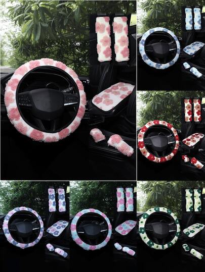 Car Interior Accessory Set, Including: Jacquard Steering Wheel Cover, Seat Belt Shoulder Pad, Armrest Pad, Gear Shift Knob Cover, And Handbrake Cover, 3D Wool Floral Anti-Slip Wear-Resistant, Suitable For All Seasons