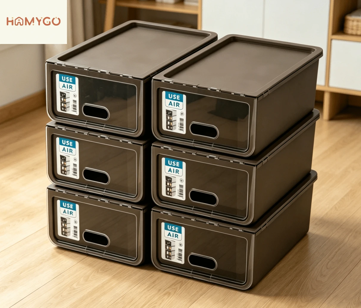 HOMYGO-Zapatero USE Air 36x24x14 cm | Caja Organizadora de Zapatos Apilable, Transparente y en Colores: Blanco, Marrón, Arena y Cristal | Almacenaje para Calzado Resistente - Marrón - Ver 1