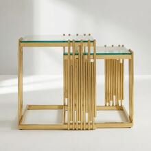 2-Piece Modern Square End Table Set For Living Room: Small Gold Side Table With Clear Tempered Glass Desk And Gold Stainless Steel Legs For Bedroom, Sofa, Balcony - 金色 - 查看 6
