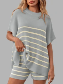 Women's Summer Lounge Striped High Waisted Shorts Oversized Batwing Short Sleeve Tops 2 Piece Knit Short Sets - 淺灰色 - 查看 3