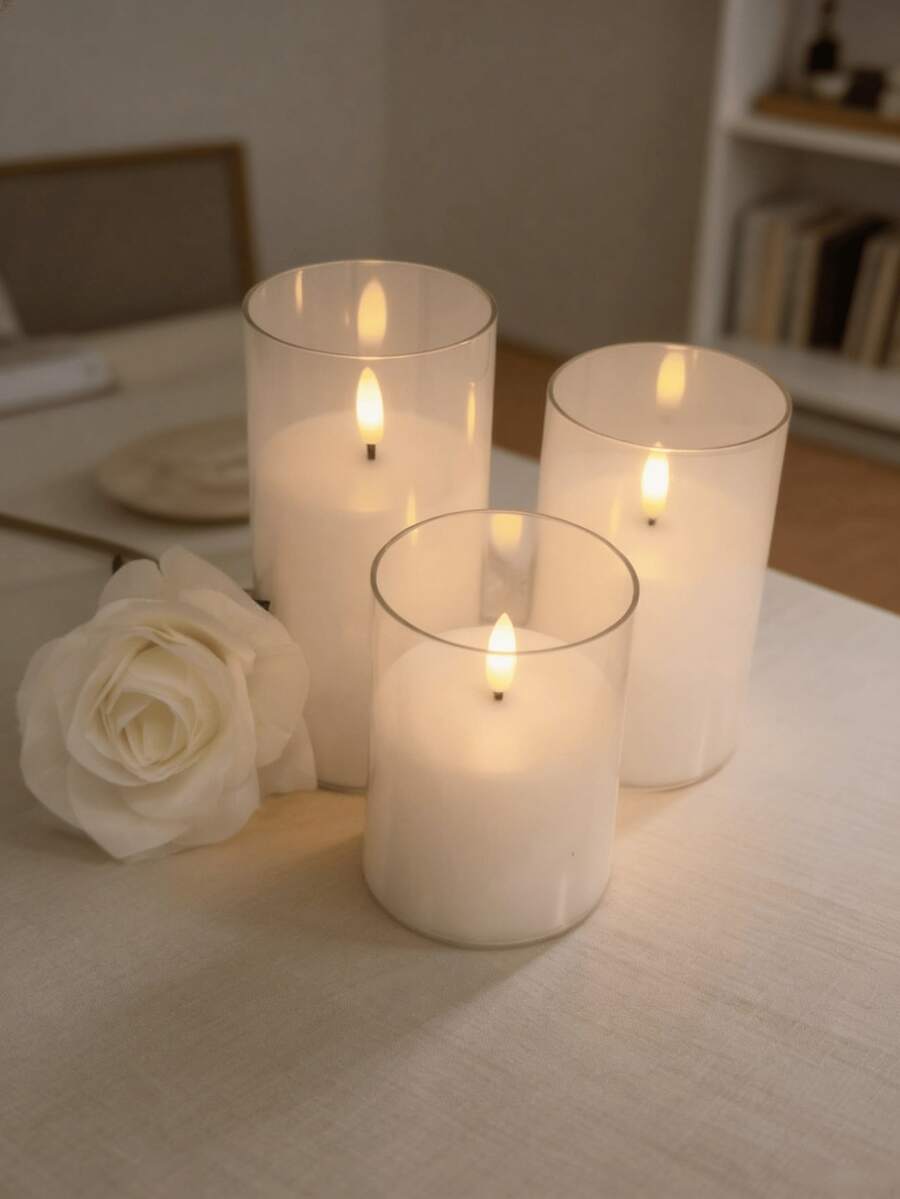 3pcs Transparent Acrylic LED Flameless Candle Set, Programmable Timer & Remote Control, Battery Powered White Pillar Candles, Home & Wedding Decor - White - View 1