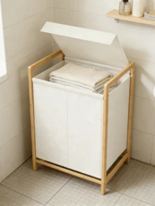 Bamboo Laundry Basket With Shelf, Foldable Dirty Clothes Storage Basket, Bathroom Towel Rack Storage Cabinet With Louvered Door - Multicolor - View 7