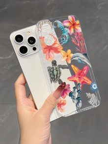 1pc Transparent Minimalist Colorful Underwater Sea Turtle Phone Case, Compatible With Iphone 16 Pro Max, 15, 14 Plus, 13, 12, 11 And Series - Multicolor - View 2