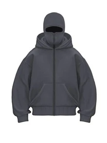 Balaklava, A Must-Have Item For Social Anxiety Sufferers. A Face-Covering Style, Loose Large-Sized And Long Double-Layered Hooded Zipper-Style Pullover Hoodie And Hooded Sweater. Suitable For Men's Autumn/Winter Clothing, Halloween Costumes, Christmas Costumes, Men's Outerwear, Fashionable Style, Men's Hooded Sweater. - 灰色 - 查看 6